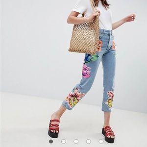 NWOT ASOS rigid straight leg jeans in cambridge wash with floral patching size25